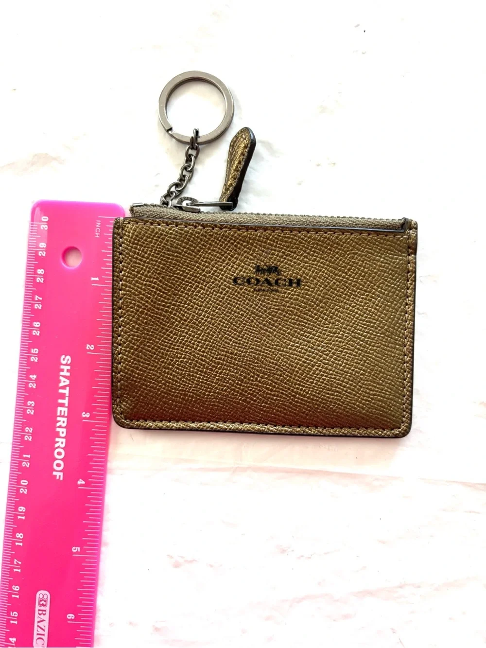 NWOT Coach Gold Metallic Pebbled Leather Zip ID Card Keychain Wallet mini